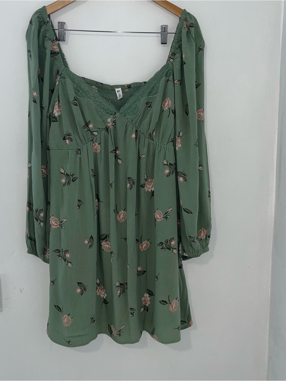 BP Green Floral Flowy Bohemian Lacy Dress with Pink Accents